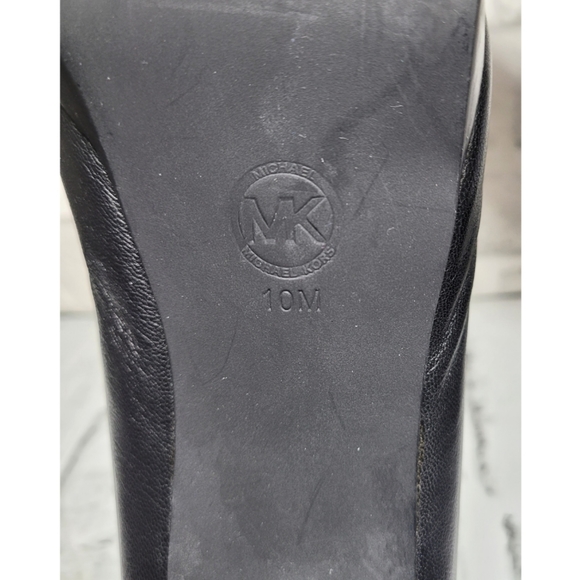 Michael Kors Women Black Peep Toe Heels Size 10M Gold Plaque Logo Label Platform - Picture 10 of 11